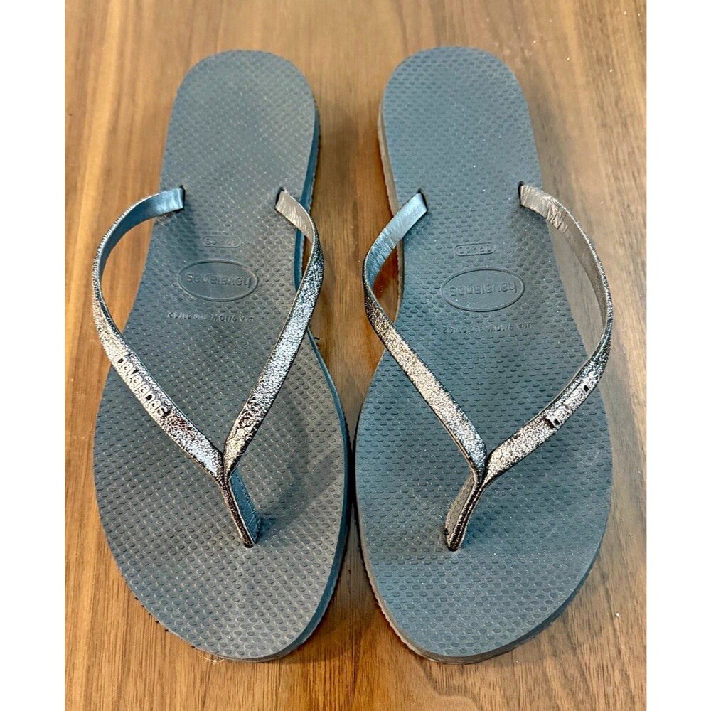 Havaianas Women’s 9 Black/Silver Glitter Logo Thong Flip Flop Rubber Sandal